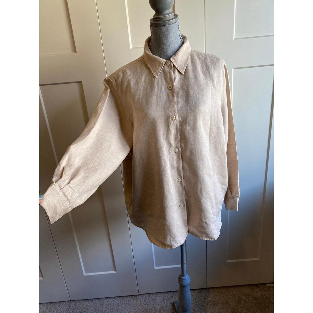 Liz Sport Liz Claiborne Irish Linen Button Down Shirt Petite Large Beige Sku61